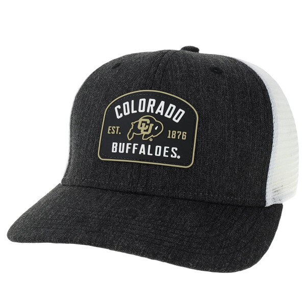 A black hat with a rubber patch that says "Colorado Buffaloes" in white and features the CU Buffalo logo and year of establishment in gold. The back of the hat is white mesh.